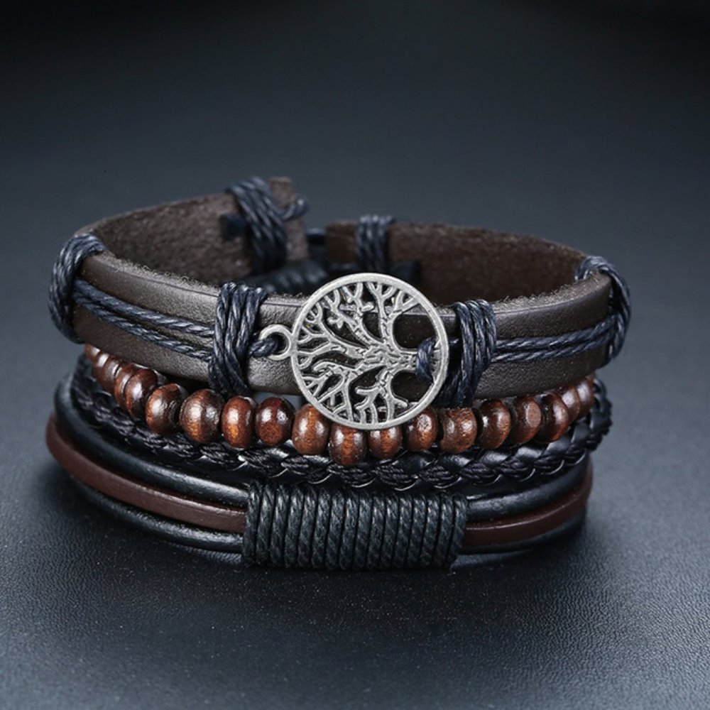 Set 4 Pcs Braided Wrap Leather Bracelets for Men Vintage